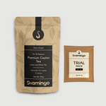 a pouch of authentic loose black tea leaves from Sri Lanka with a tasting pack bundled for new customers to try