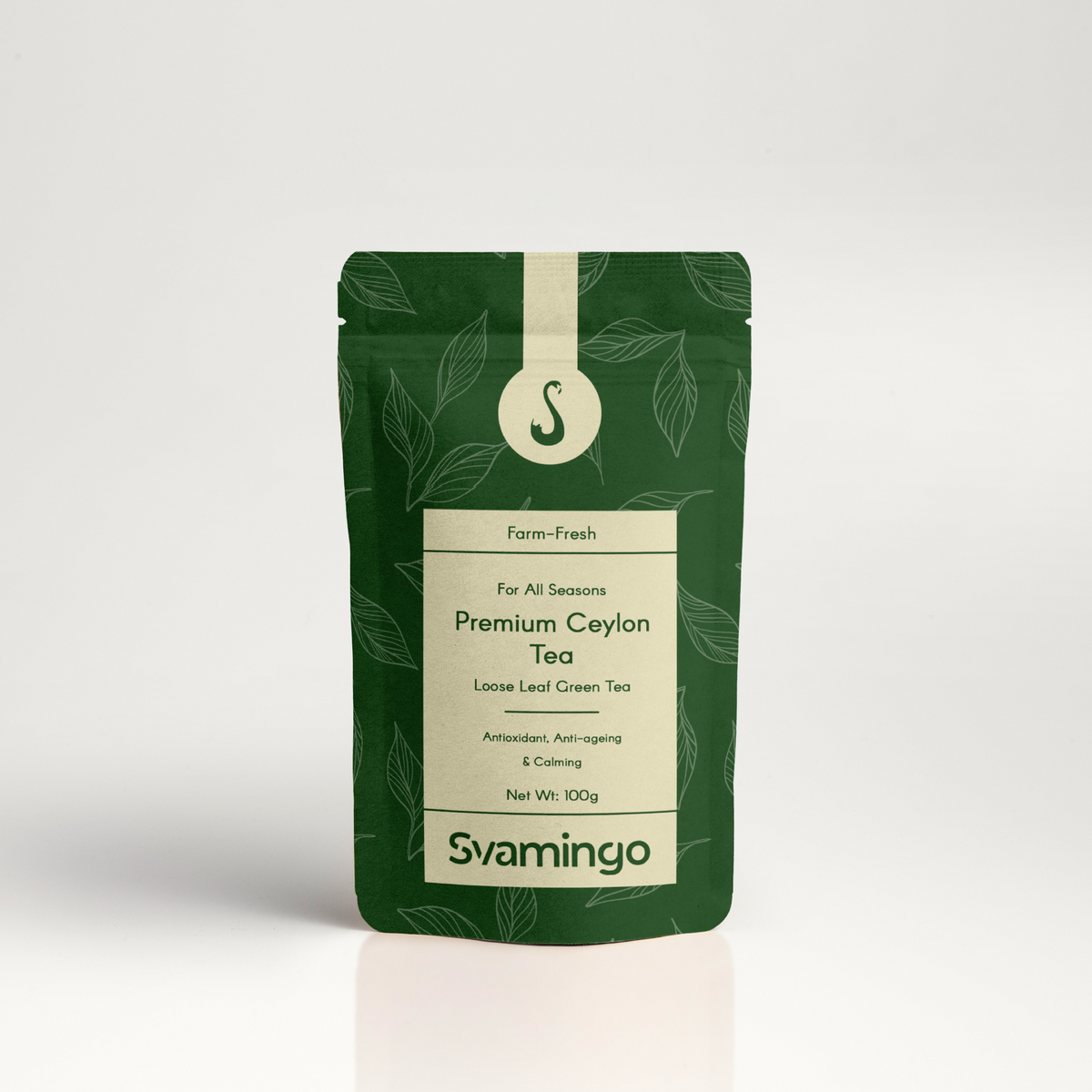 A pouch of high quality premium loose green tea leaves from Sri Lanka, freshly packed and handpicked