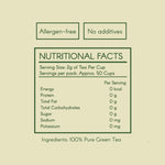 Nutrition table for loose green tea from Sri Lanka highlighting zero-caffeine, no allergens, no additives, 100% pure green tea as the only ingredient