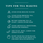 a page outlining main tips for making a fresh cup of tea: what to avoid and what not to. it also highlighted loose tea goes well with tulsi, mint, lemon for flavored drinks