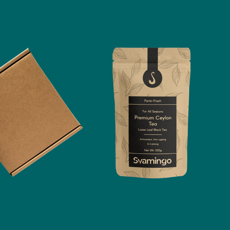 mailer box and svamingo black tea pouch on a plain background highlighting its commitment to sustainability 